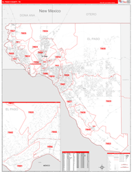 El Paso County, TX Wall Map Zip Code Red Line Style 2024